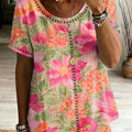 Retro Floral Print & Cutout Webbing Spliced loose-fit Cotton-linen Short-sleeve Shirt