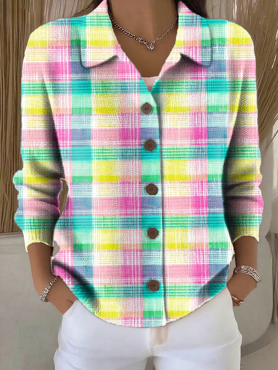 Women's Beautiful Colorful Plaid Painting Art Print Cowl Neck Sweater