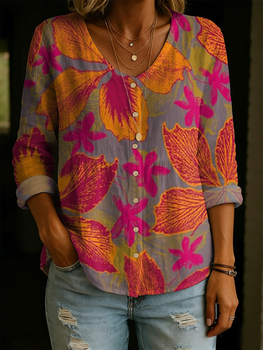 Women's Visual Floral Decorative Patterns Casual Cotton Linen Shirt