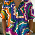 Artistic Color-block Line Print Short-sleeve Collared Shirt ¡ª Half-button Placket Design