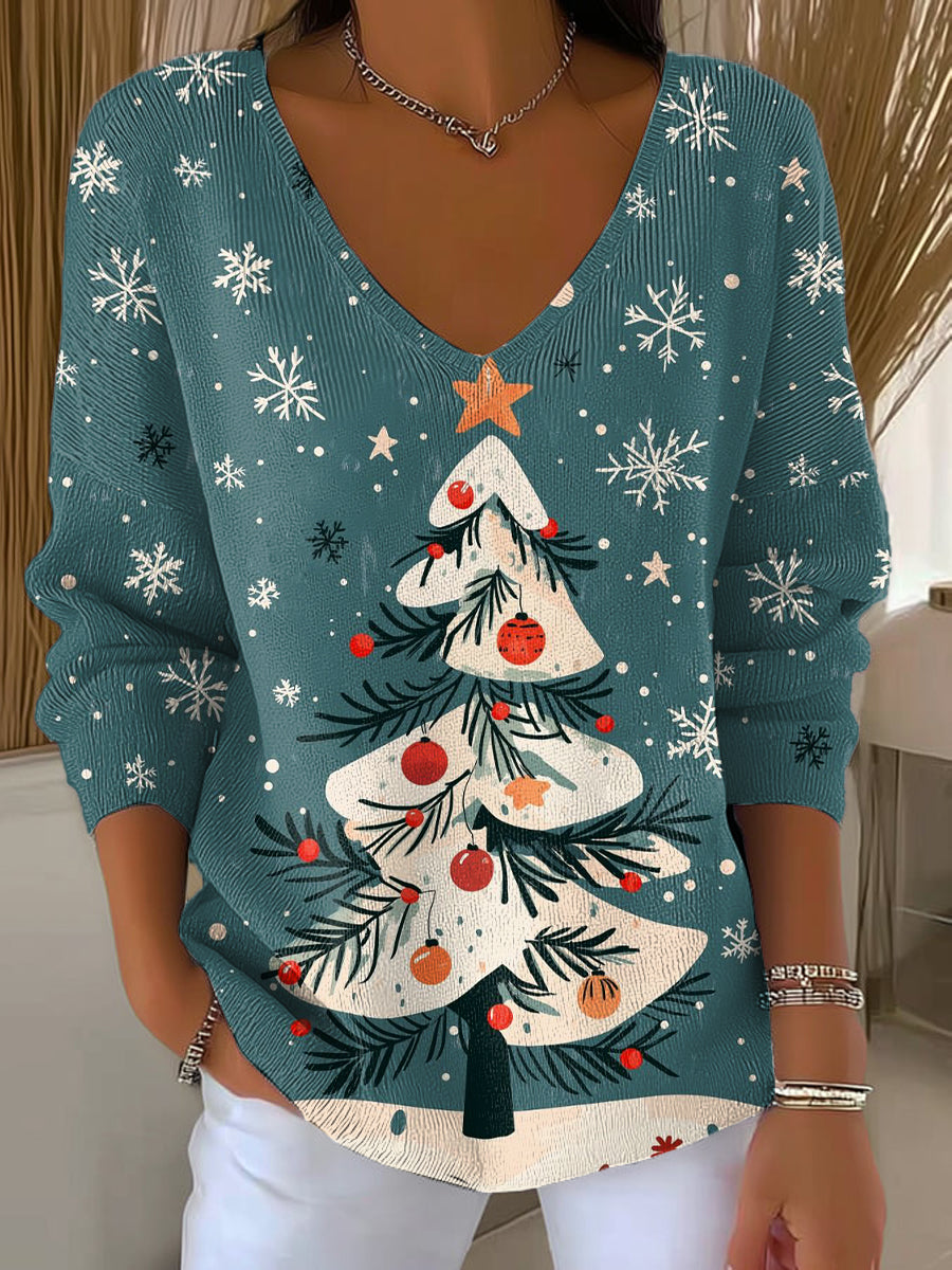Women's Beautiful Winter Christmas Tree Painting Art Print Casual Pullover Sweater
