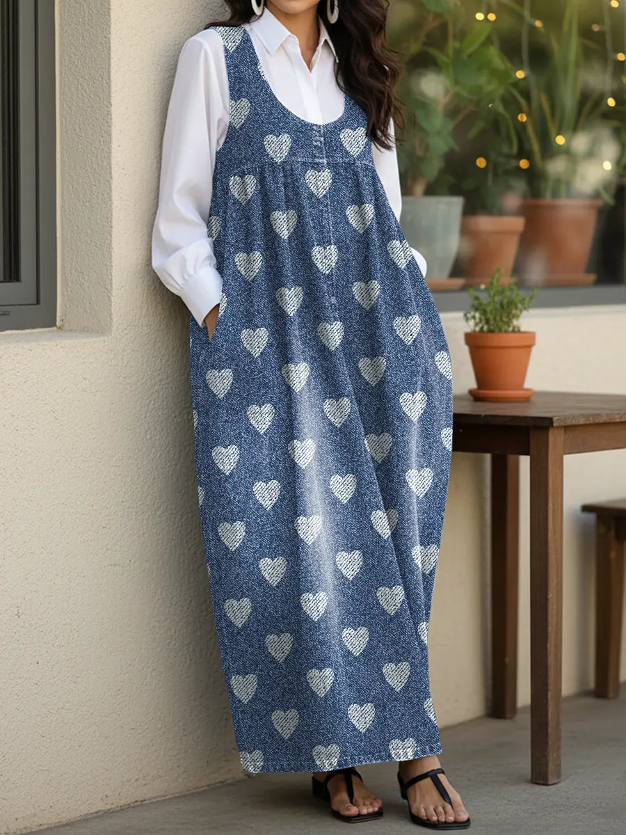 Women's Cute Heart Casual Loose Denim Vest Dress
