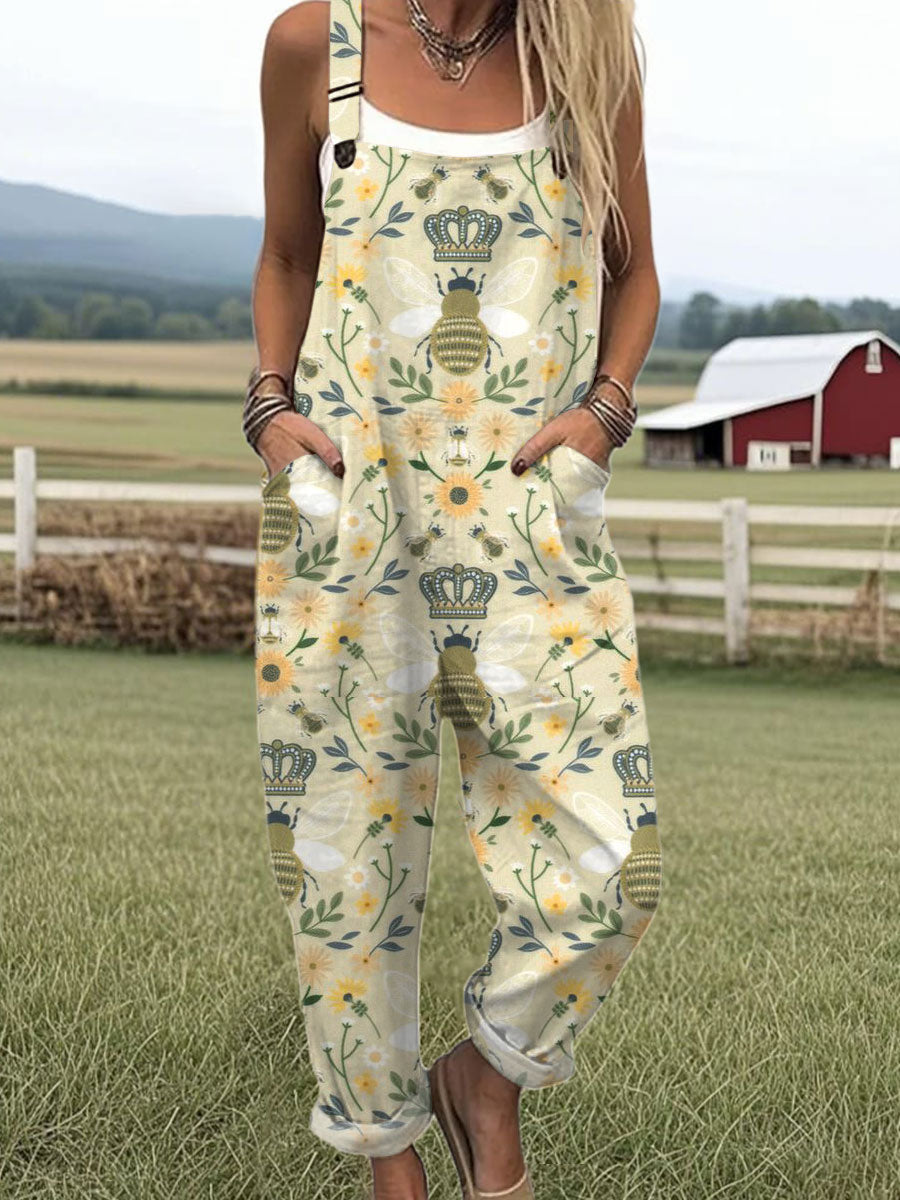 Women's  Vintage Bee Floral Art Print Casual 100% Cotton Wide Leg Jumpsuit