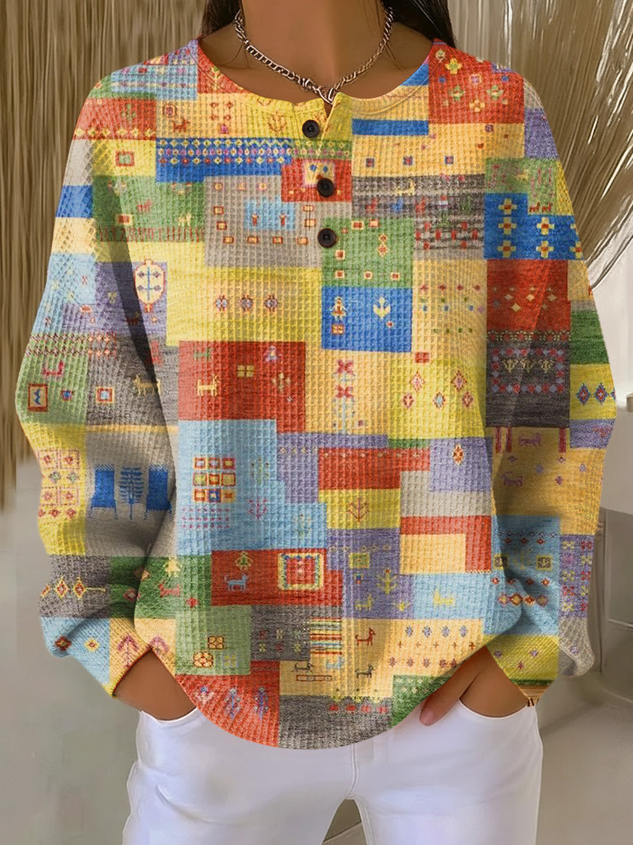 Women's Vintage Geometric Patchwork Art Print Casual Cotton Sweatshirt