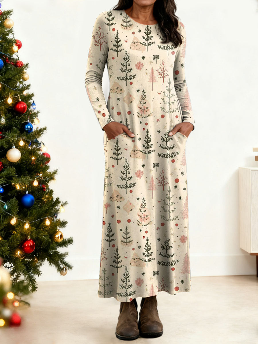 Women's Christmas Tree Pattern Art Print Long-sleeved Dress