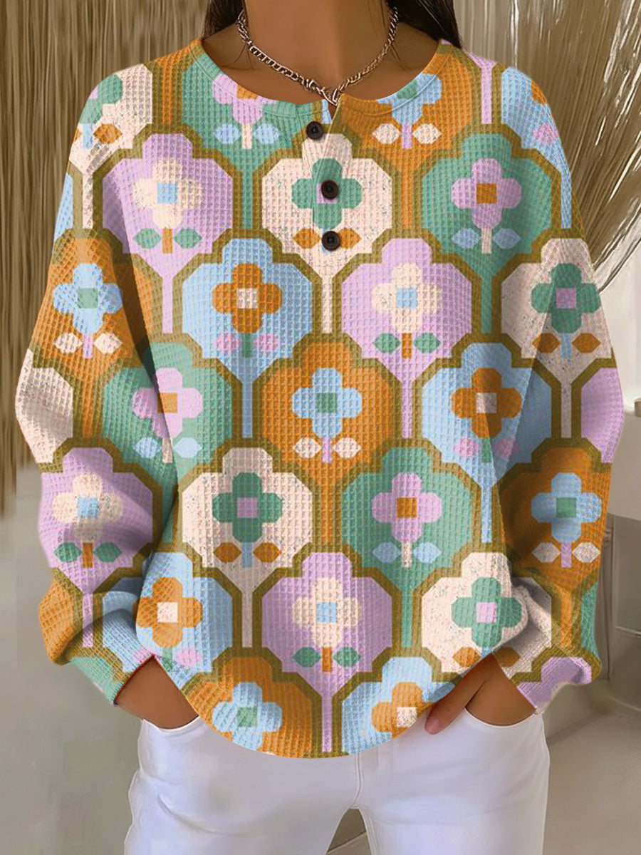 Women's Beautiful Vintage Geometric Floral Painting Art Print Casual Cotton Shirt