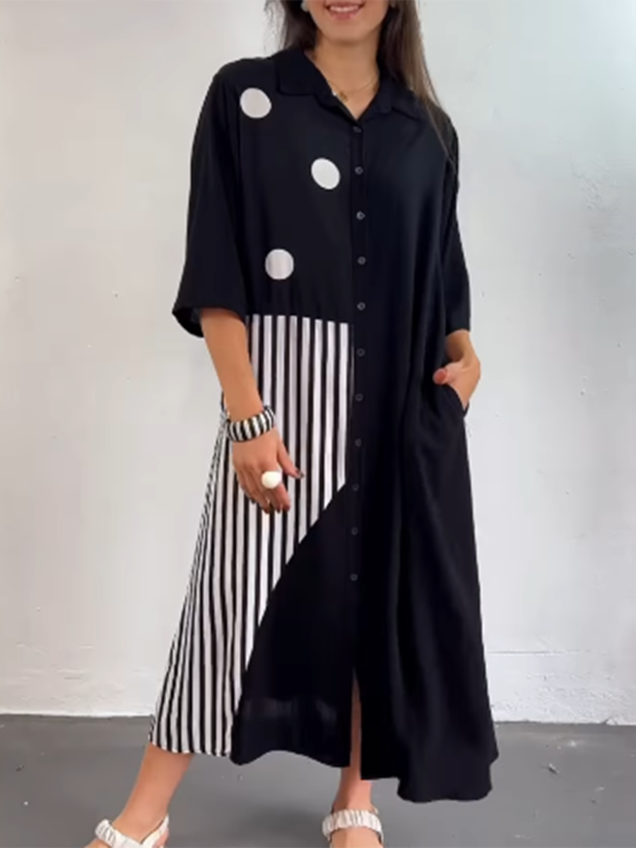 Women's Printed Patchwork Cotton Shirt Dress