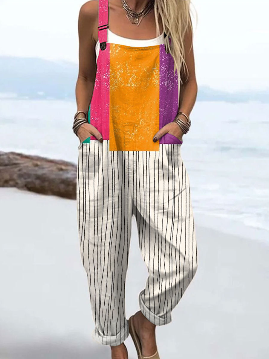 Women's  Vintage Abstract Geometric Art Print Casual 100% Cotton Wide Leg Jumpsuit