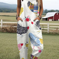 Women's  Vintage  Funny Chicken Art Print Casual 100% Cotton Wide Leg Jumpsuit