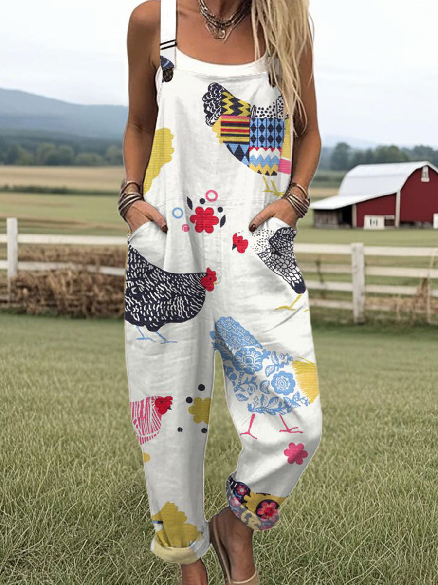 Women's  Vintage  Funny Chicken Art Print Casual 100% Cotton Wide Leg Jumpsuit