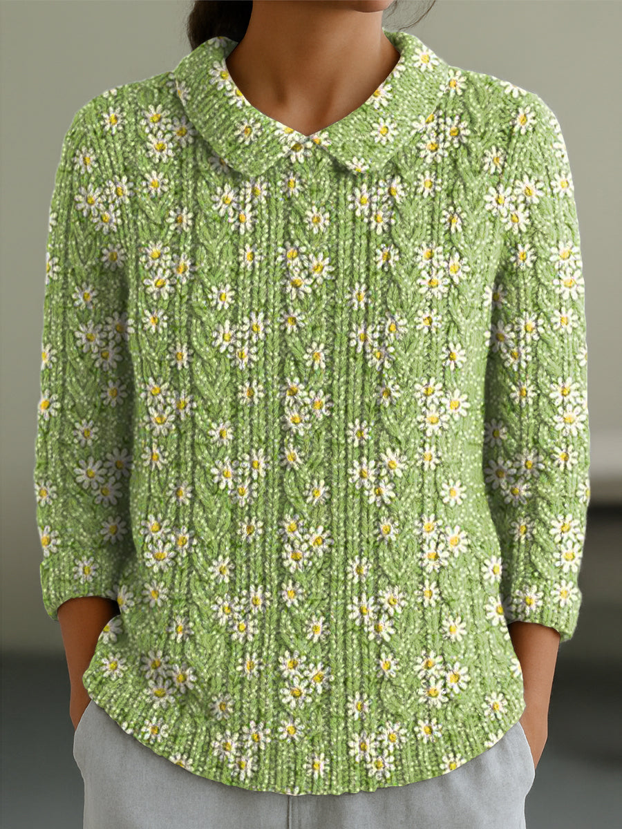 womens-beautiful-floral-painting-art-print-casual-peter-pan-collar-3-4-sleeve-sweater