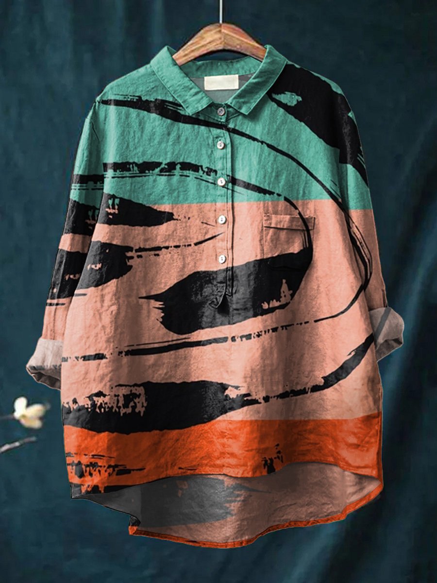 Women's Abstract Print Art Casual Cotton And Linen Shirt