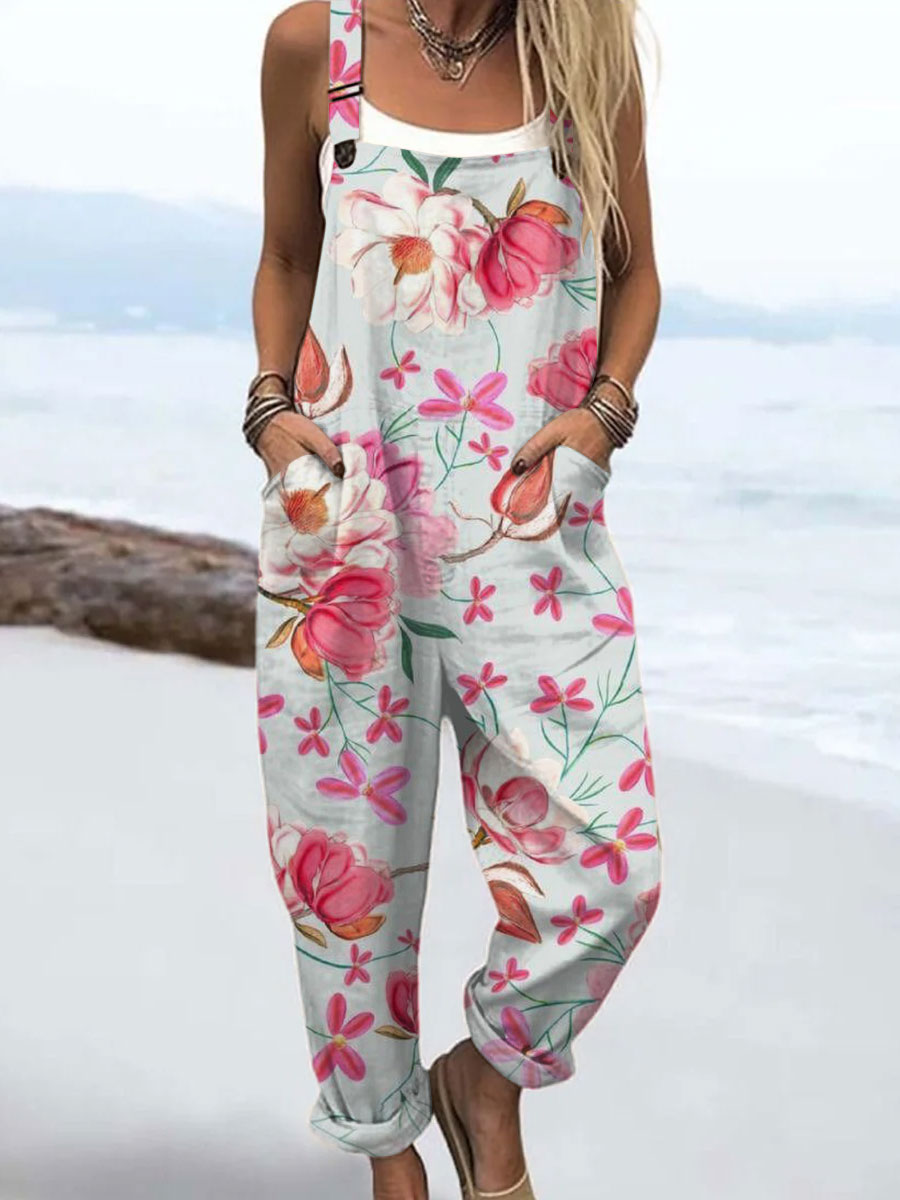 Women's  Vintage Flowers Art Print Casual 100% Cotton Wide Leg Jumpsuit