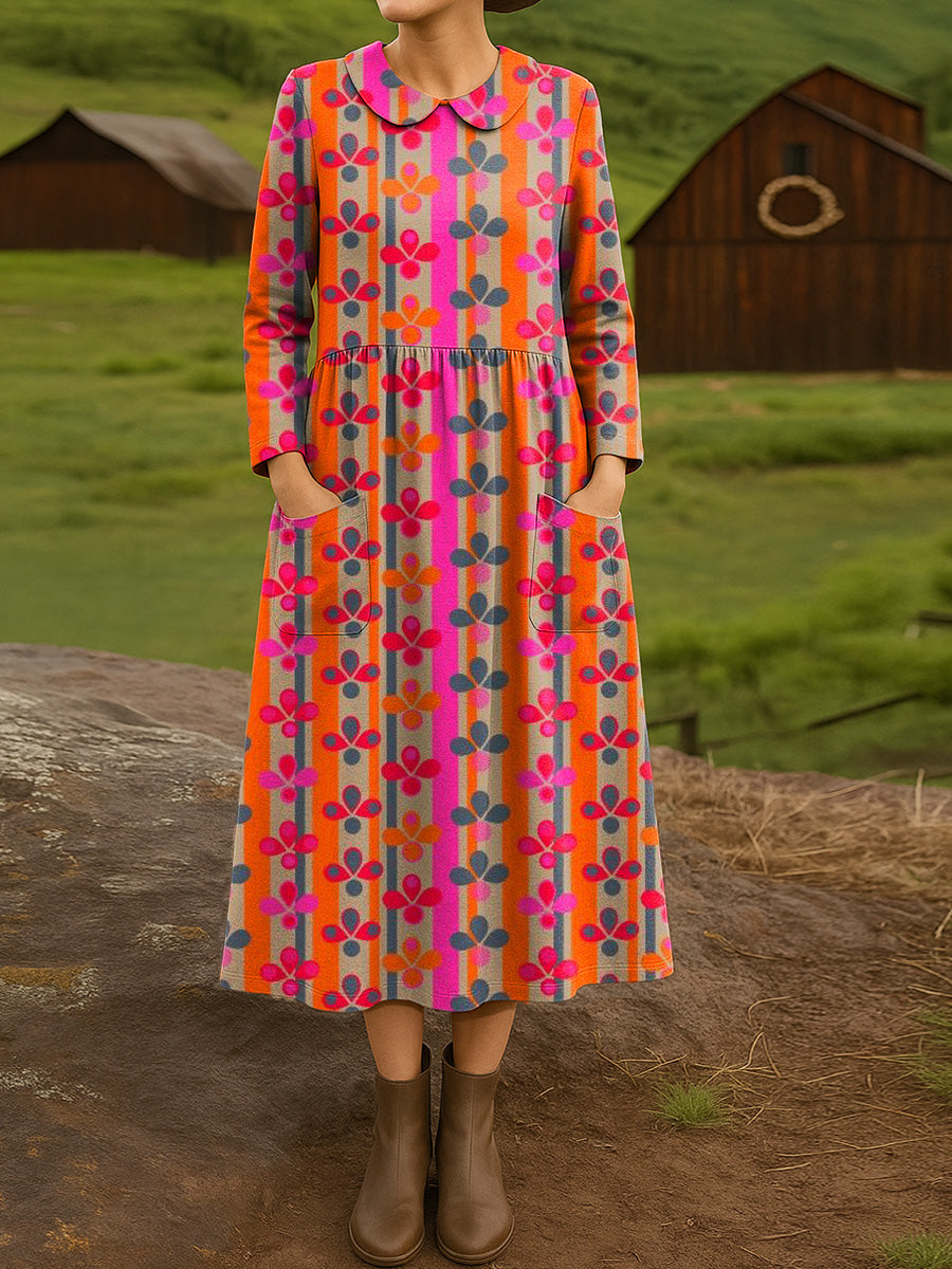 Women's  Beautiful Striped Floral Painting Art Print Cotton Lapel Shirt Dress