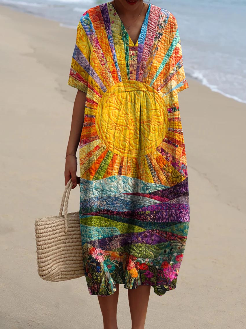 Women's Vintage Lovely Sun Floral Art Print Flowy Dress