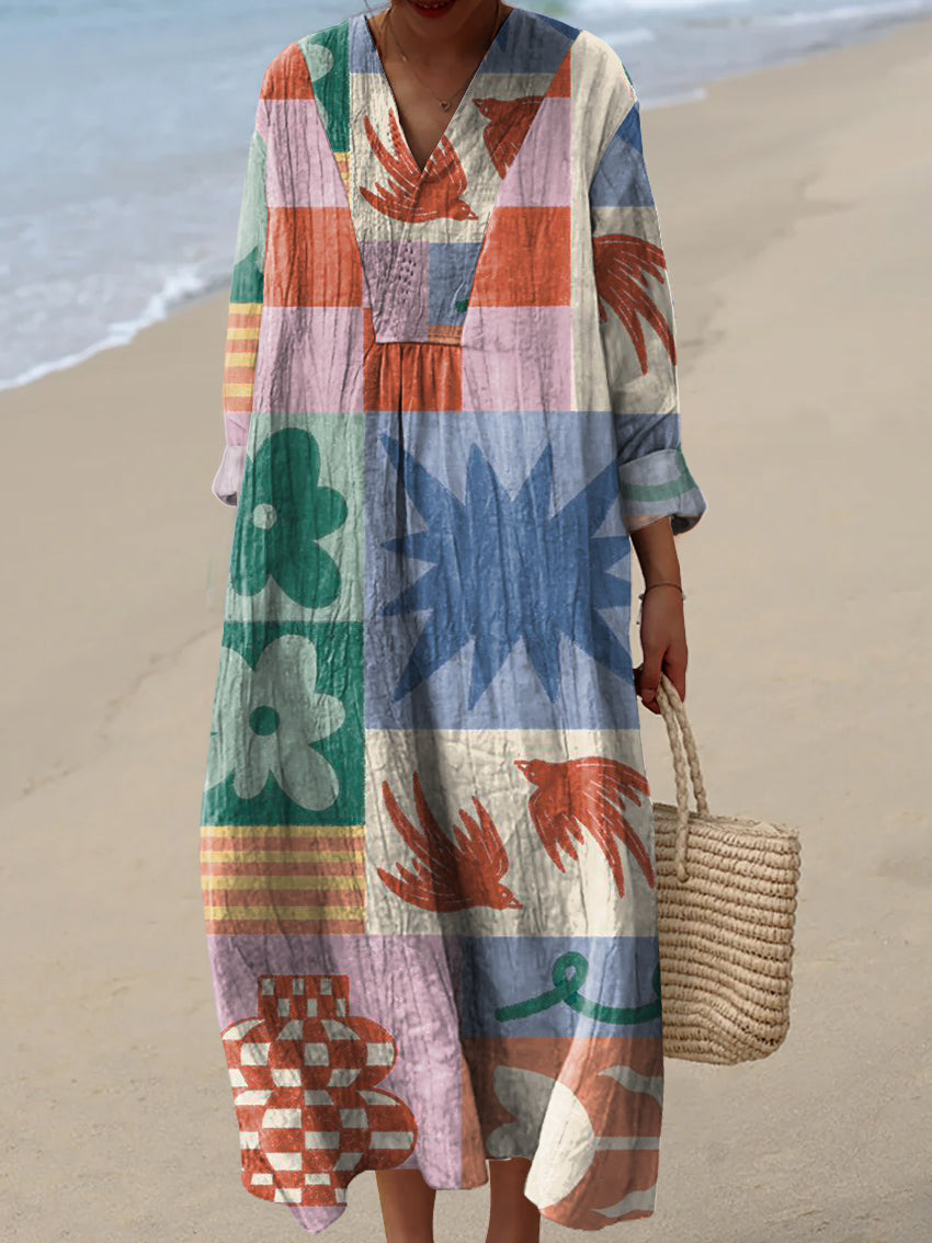 Women's Splicing Grid Pattern  Art Print Dress