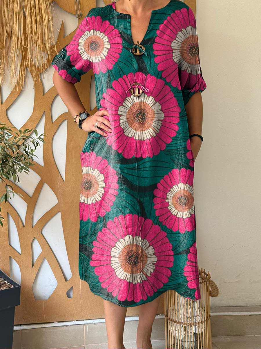 Women's Retro Floral Print V-Neck 3/4 Sleeve Casual Cotton and Linen Dress