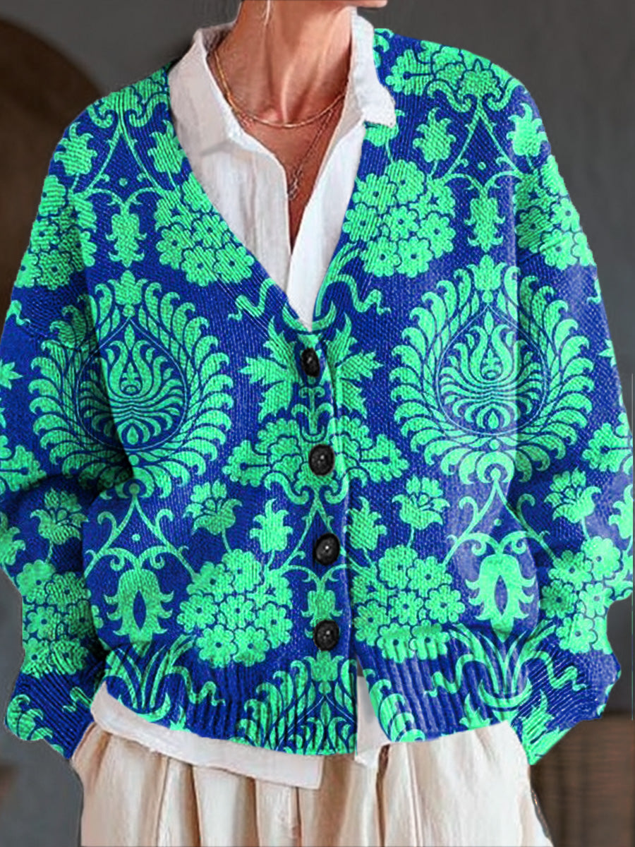 vintage-ethnic-geometric-floral-painting-art-print-buttoned-v-neck-cardigan-sweater