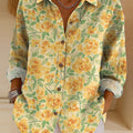 Women's Beautiful Cute Floral Painting Art Print Casual Cotton Shirt