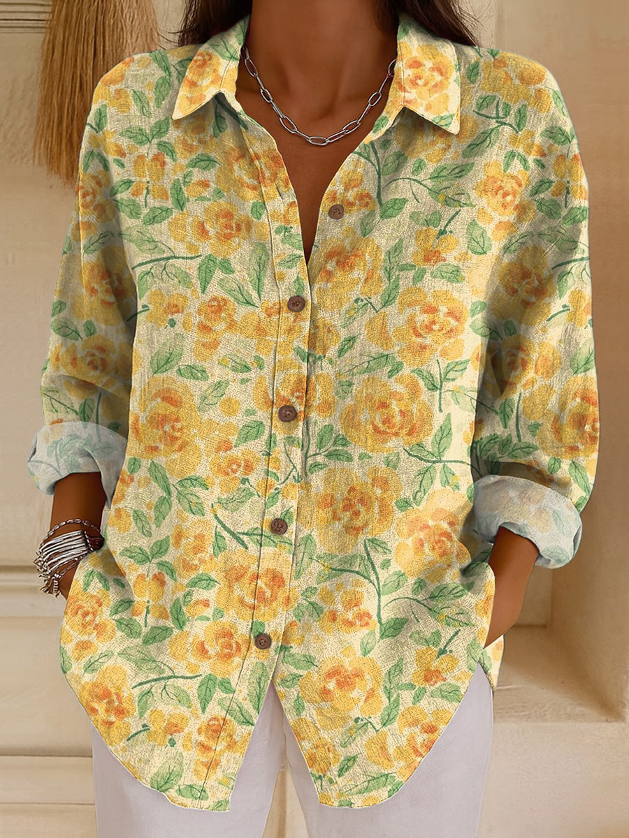 Women's Beautiful Cute Floral Painting Art Print Casual Cotton Shirt