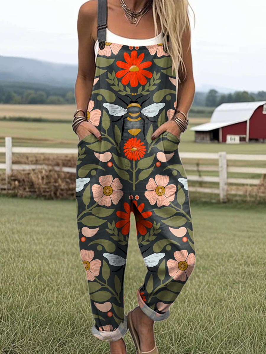 Women's Lovely Floral Bees Pattern Art Print Casual 100% Cotton Wide Leg Jumpsuit