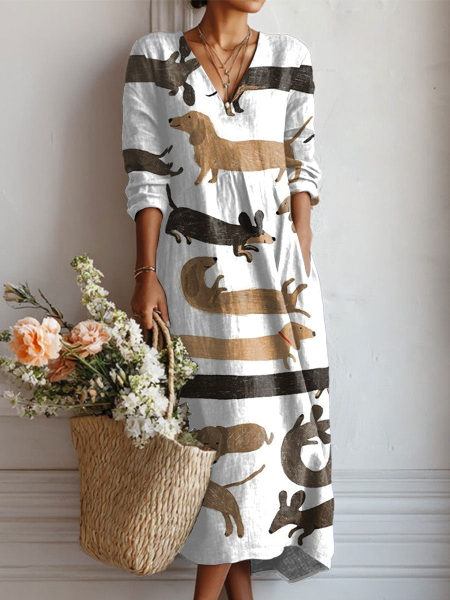 Women's Vintage Dachshund Art Print Linen Pocket Dress