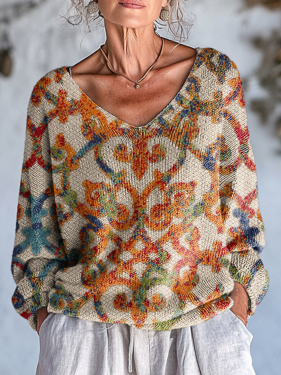 womens-beautiful-ethnic-floral-geometric-painting-art-print-casual-pullover-sweater