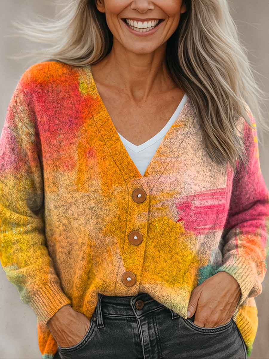 color-blending-splicing-multicolor-print-buttoned-v-neck-cardigan-sweater