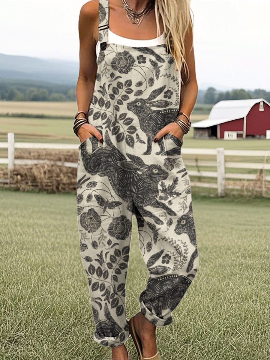 Women's Vintage Flowers Rabbit Art Print Casual 100% Cotton Wide Leg Jumpsuit