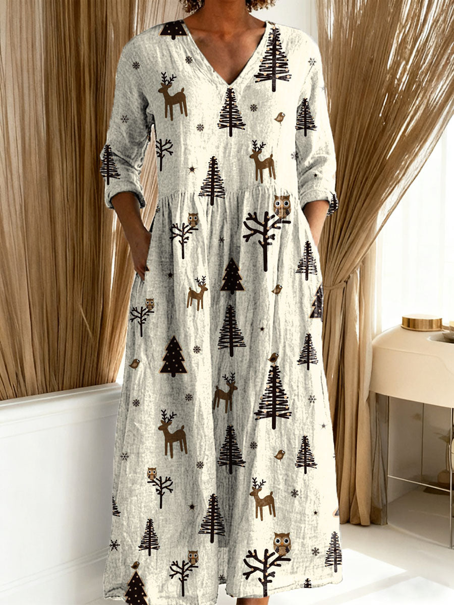 Women's Christmas Tree Art Print Casual Cotton Linen Pocket Dress