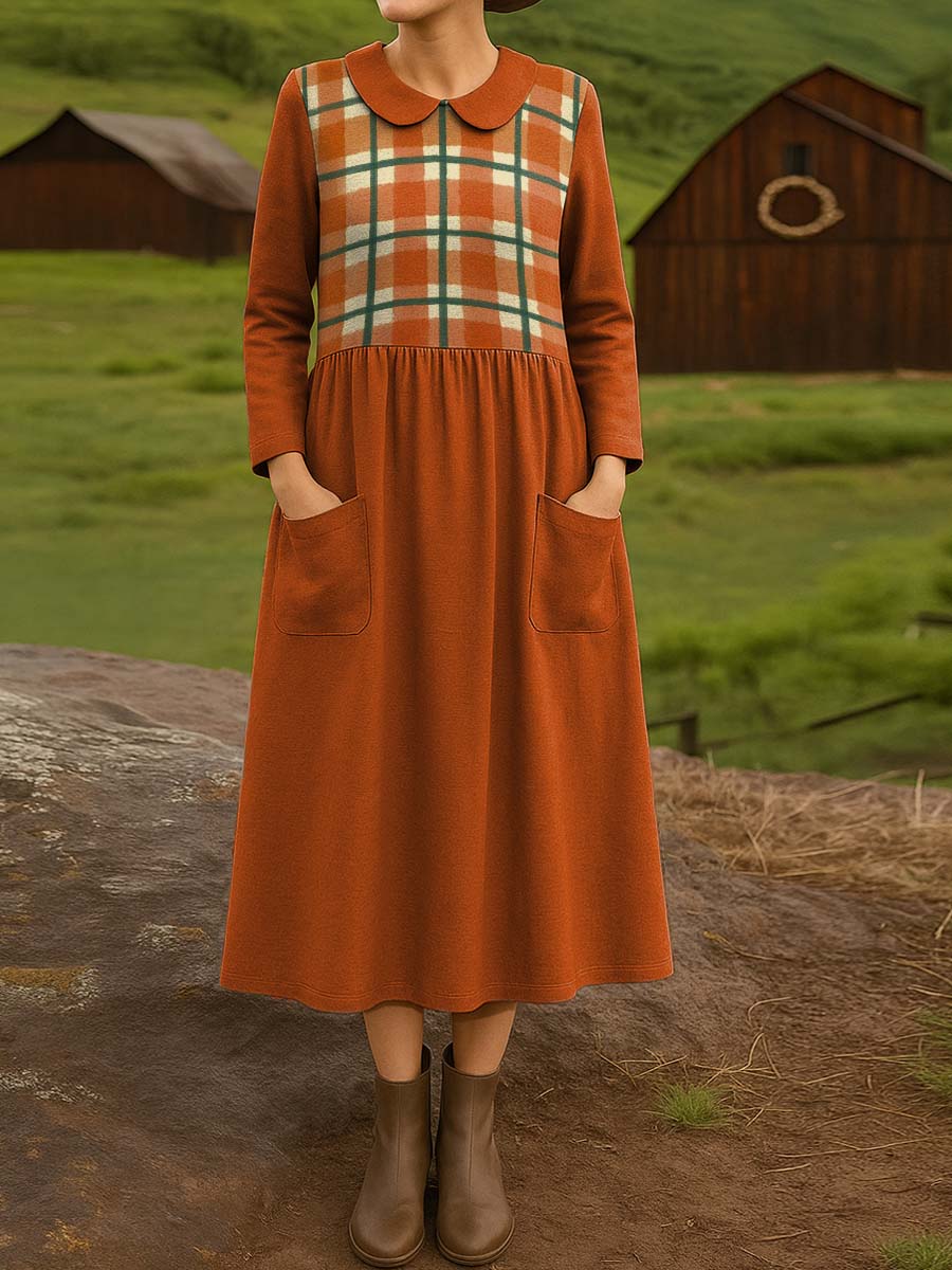 Fresh Orange Plaid Decorative Pattern Cotton Lapel Button-Down Shirt Dress