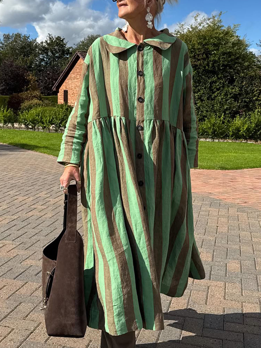 Vintage Peter Pan Vertical Striped Soft Cotton Midi Dress