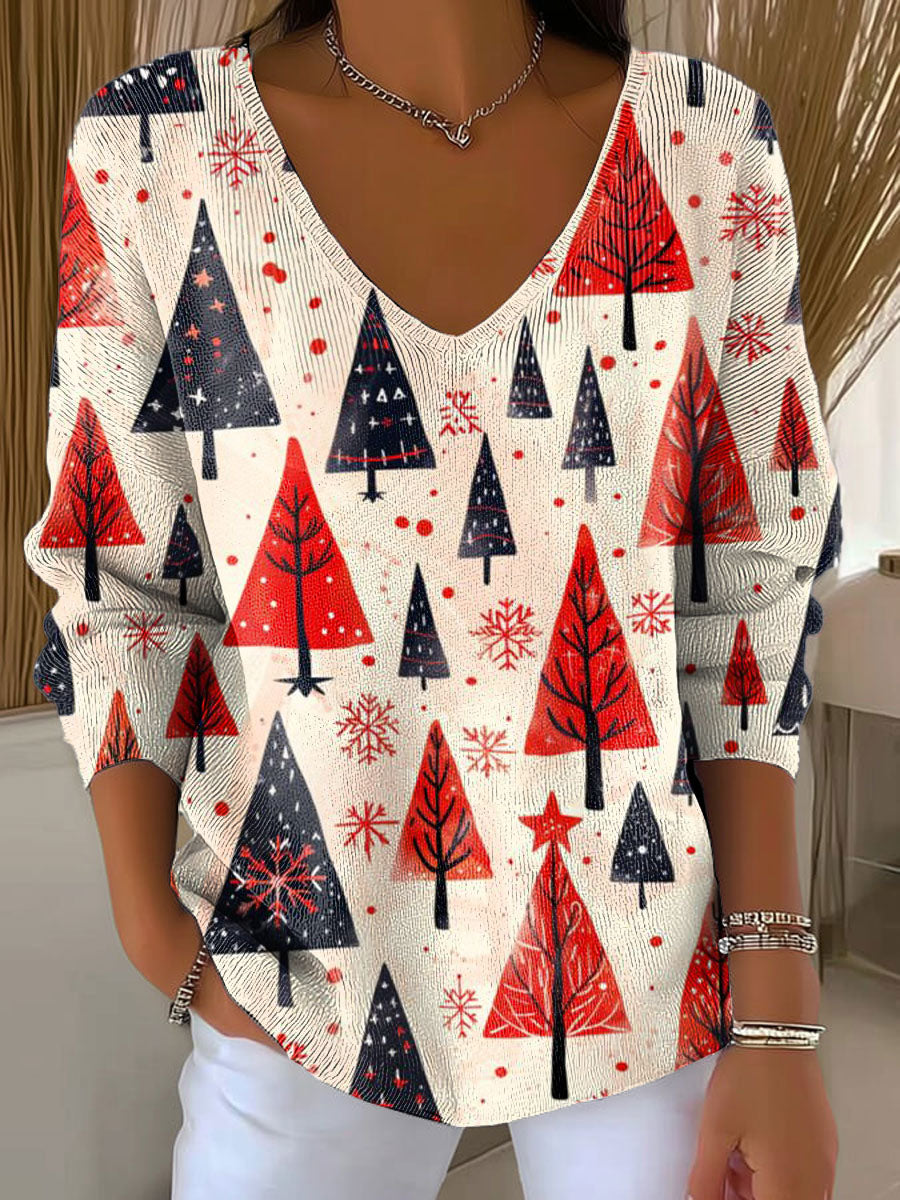 Women's Christmas Tree Pattern Print Casual Pullover Sweater