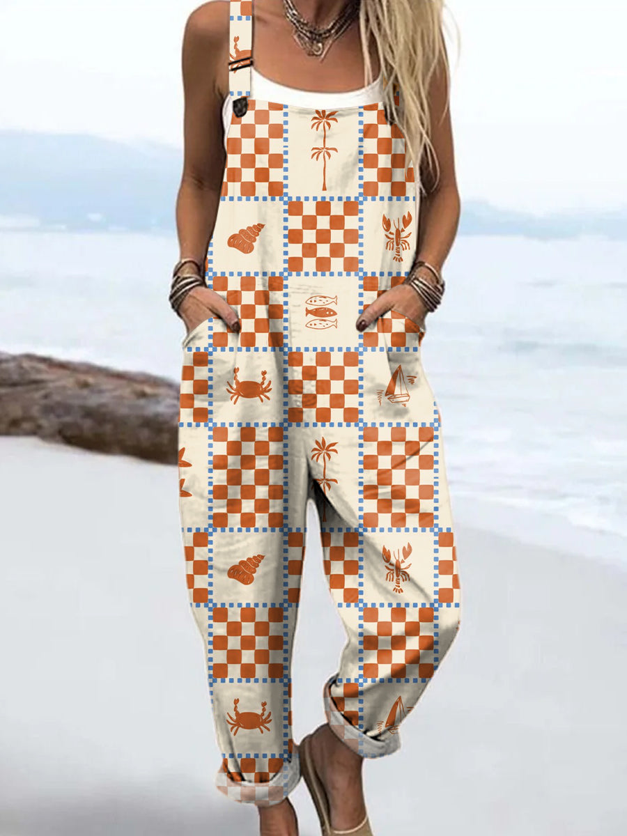 Women's Ocean Art Cute Abstract Pattern Print Casual 100% Cotton Wide Leg Jumpsuit