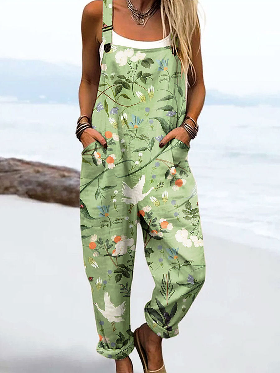 Women's Vintage Flower Art Print Casual 100% Cotton Wide Leg Jumpsuit