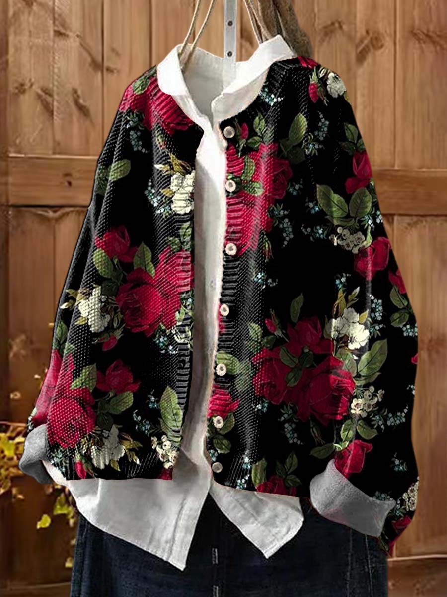 Women's Floral Print Crew Neck Long Sleeve Casual Loose Cardigan Sweater