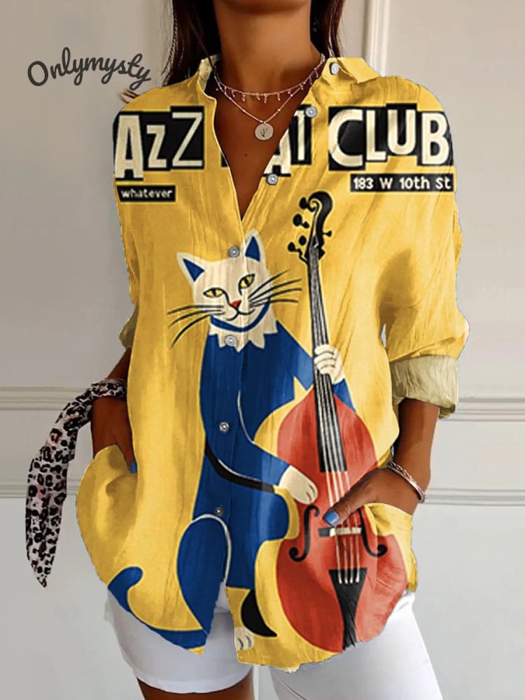 Women's  The Black Cat Jazz Club Retro  Music  Art  Print Casual Cotton Shirt