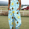 Women's Vintage Bee Art Print Casual 100% Cotton Wide Leg Jumpsuit