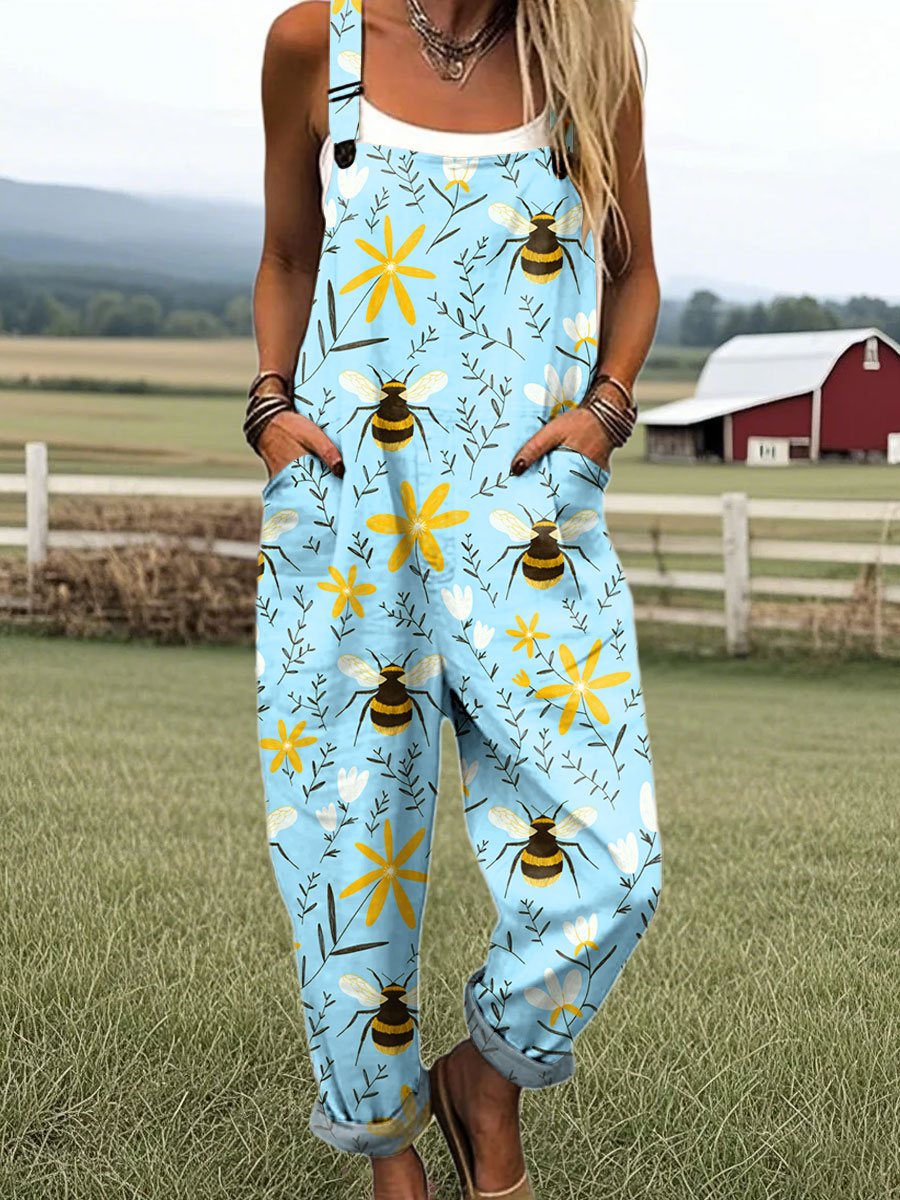 Women's Vintage Bee Art Print Casual 100% Cotton Wide Leg Jumpsuit