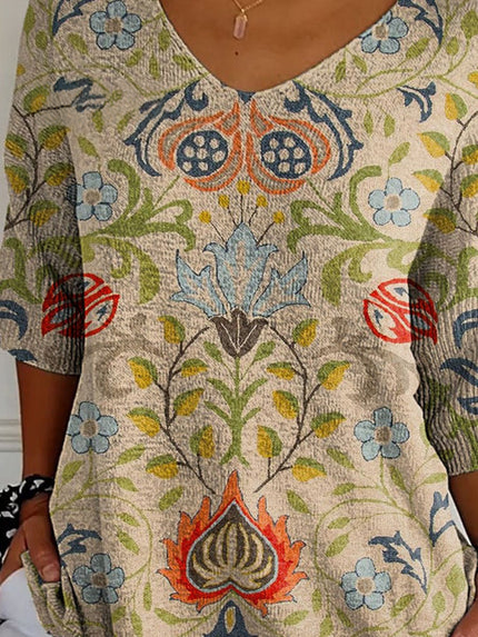 Pull décontracté en maille à imprimé floral ethnique vintage pour femme 