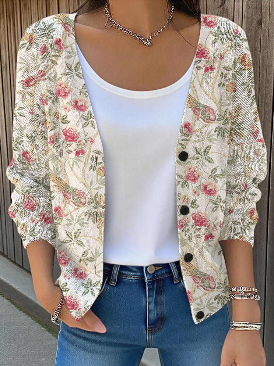 Vintage Flower  Art Print Buttoned V-neck Cardigan Sweater