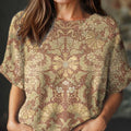 Pull femme vintage à imprimé floral ethnique, col rond, manches courtes, en maille, taille 488d 