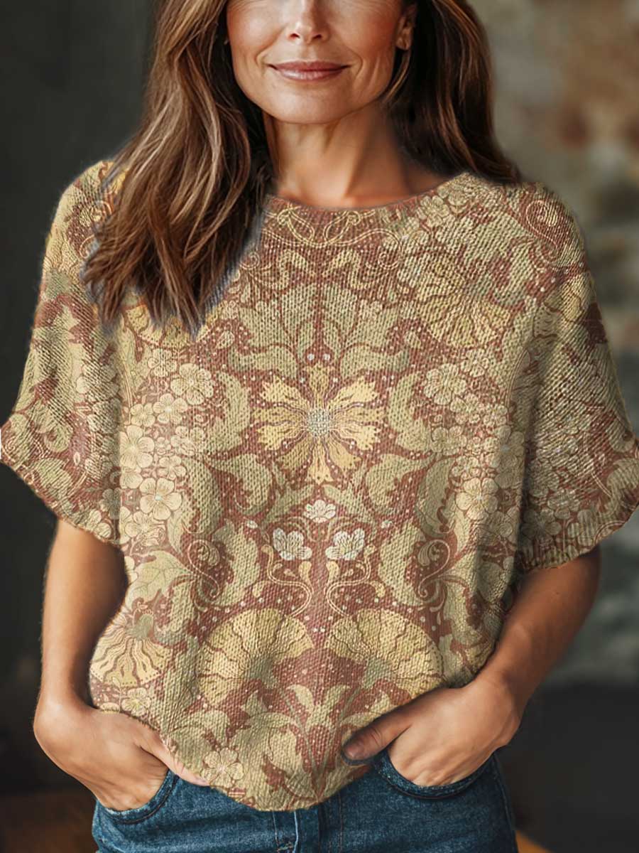 womens-vintage-art-ethnic-flower-print-casual-crew-neck-short-sleeve-knitted-sweater-488d