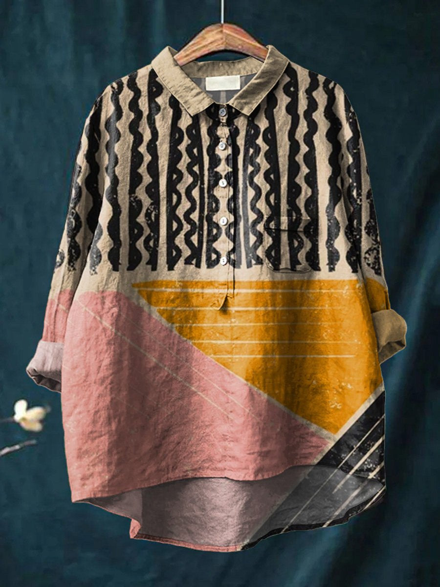 Women's Abstract Print Art Casual Cotton And Linen Shirt