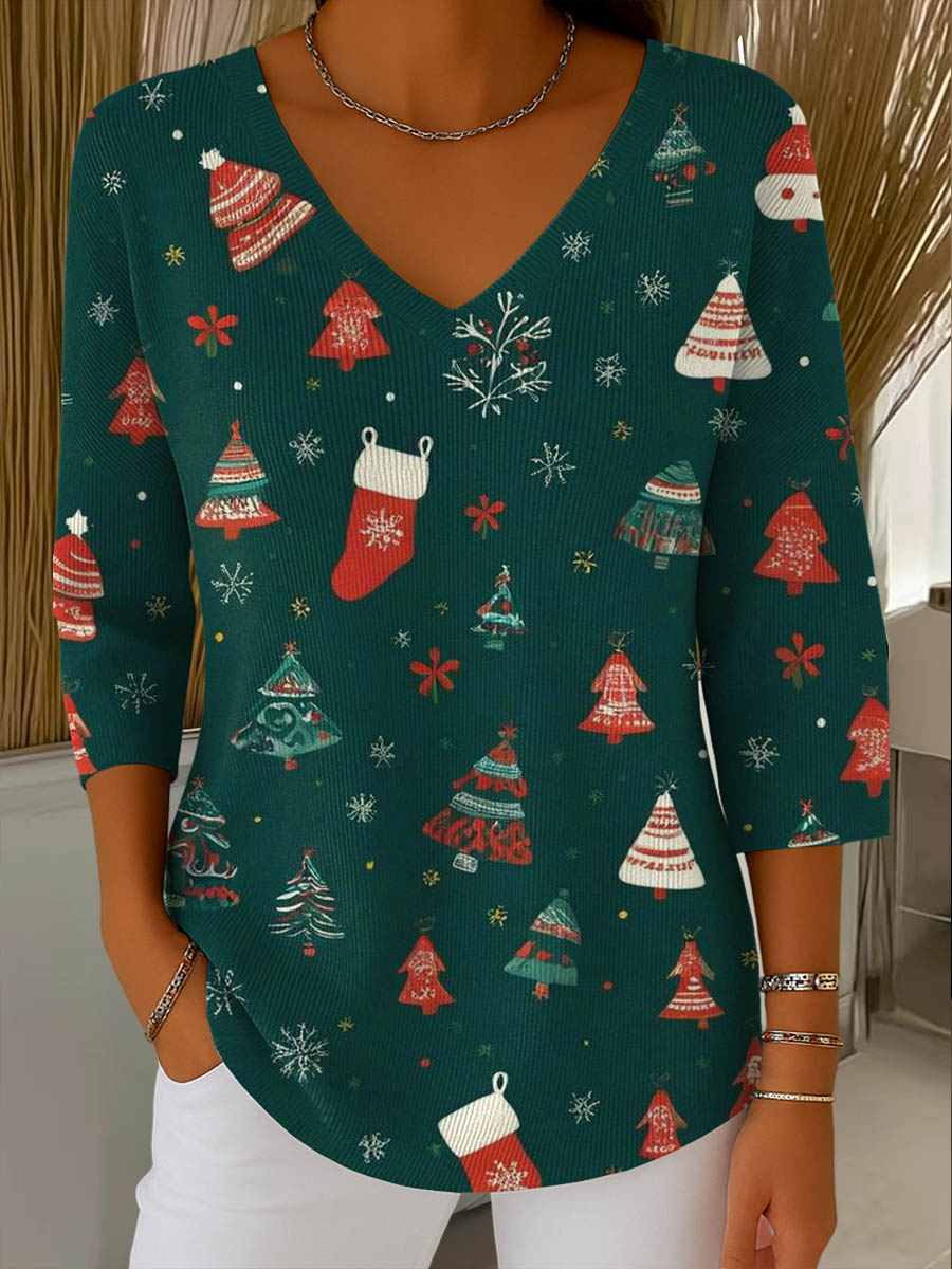 Women's Christmas Print V-Neck Three-Quarter Sleeve Casual Sweater