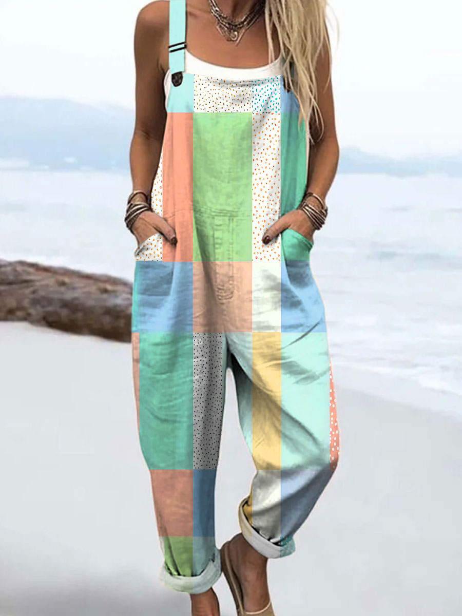 Women's Bright Color Block Abstract Art Print Casual 100% Cotton Wide Leg Jumpsuit
