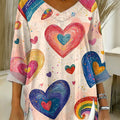 Women's Valentine's Day Heart Art Print Casual Washed Denim Cotton Top