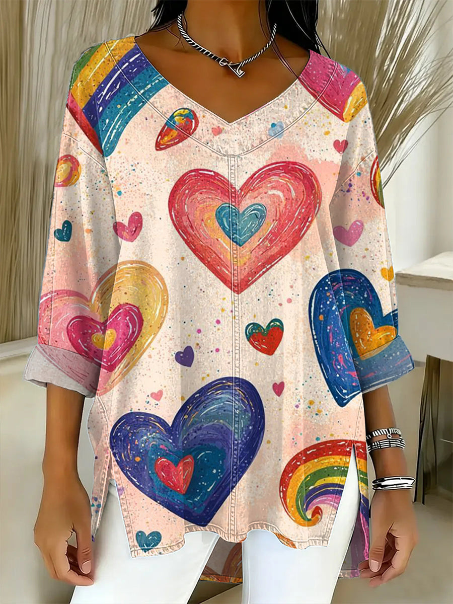 Women's Valentine's Day Heart Art Print Casual Washed Denim Cotton Top