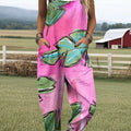 Women's Pink Leaves  Print Casual 100% Cotton Wide Leg Jumpsuit