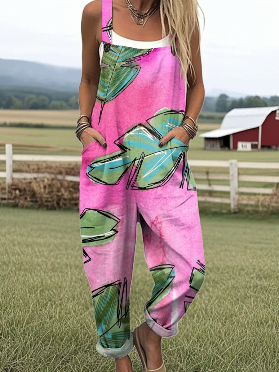Women's Pink Leaves  Print Casual 100% Cotton Wide Leg Jumpsuit